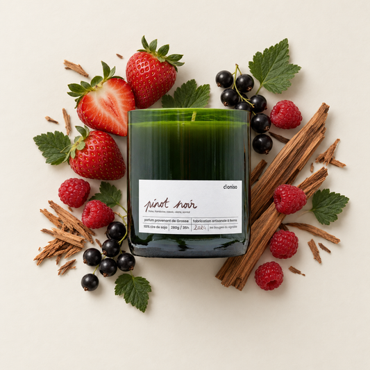 Bougie Pinot Noir dioniso en verre réemployé entourée de fraises, framboises, cassis, cèdre et santal